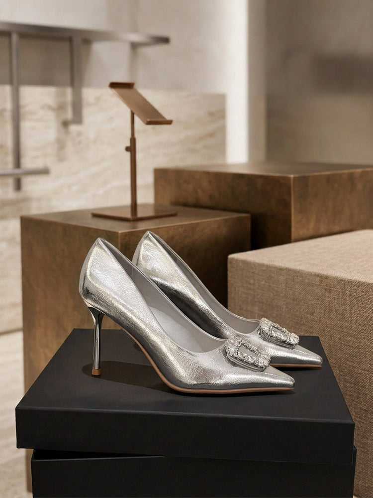 Rhinestone Buckle Metallic Pointed Toe Stiletto Pumps