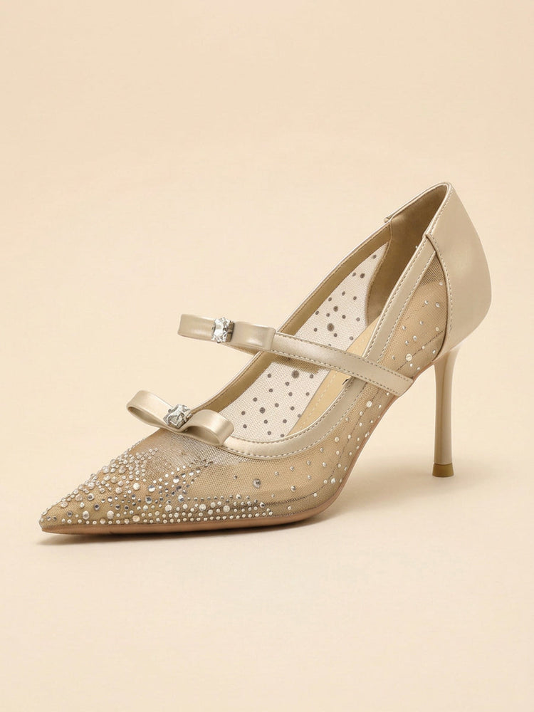 Mesh Rhinestone Bow Mary Jane Pointed Toe Stiletto Pumps