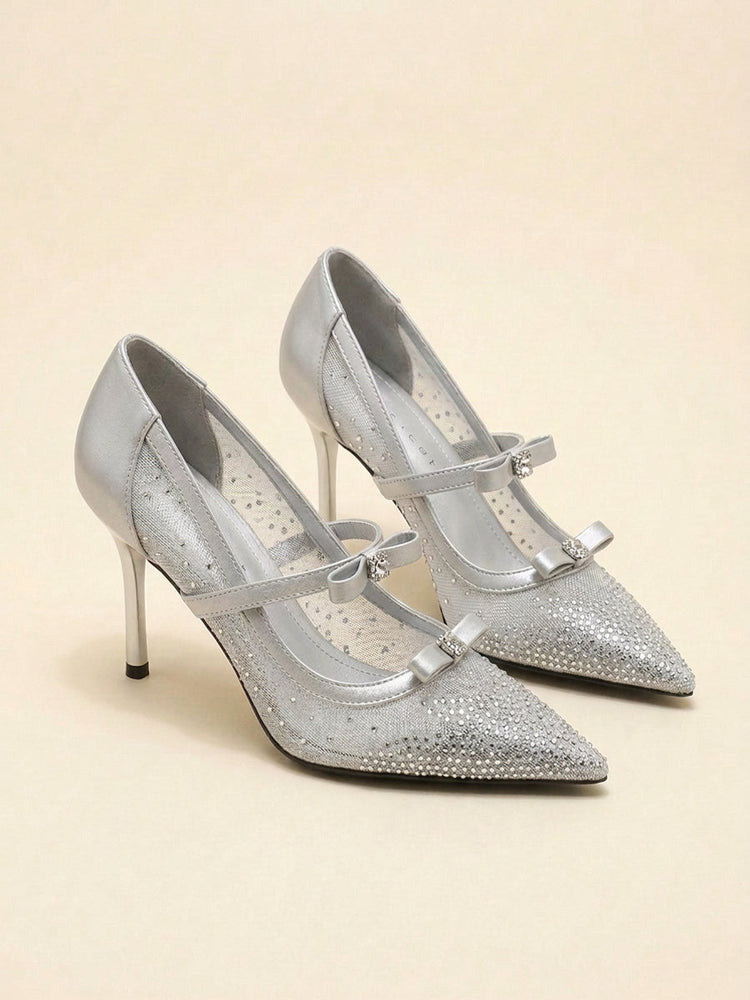 Mesh Rhinestone Bow Mary Jane Pointed Toe Stiletto Pumps