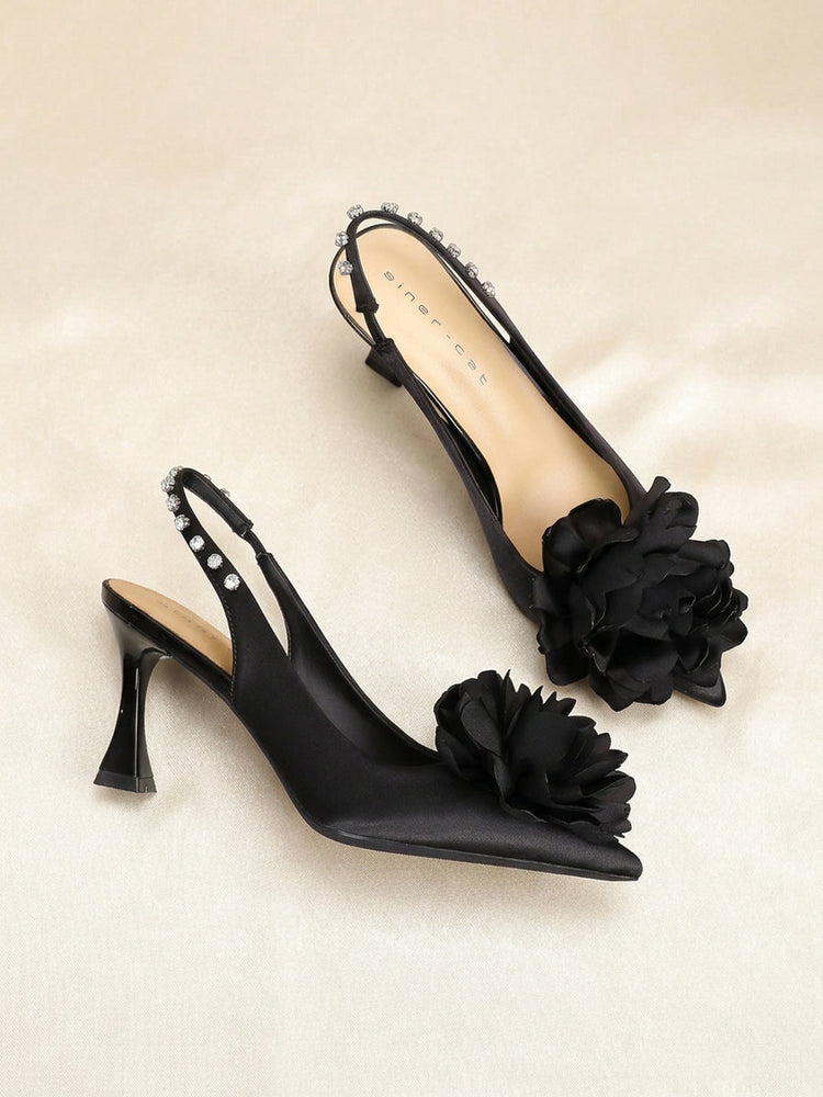 Satin 3D Flower Rhinestone Slingback Pointed Toe Flare Heels