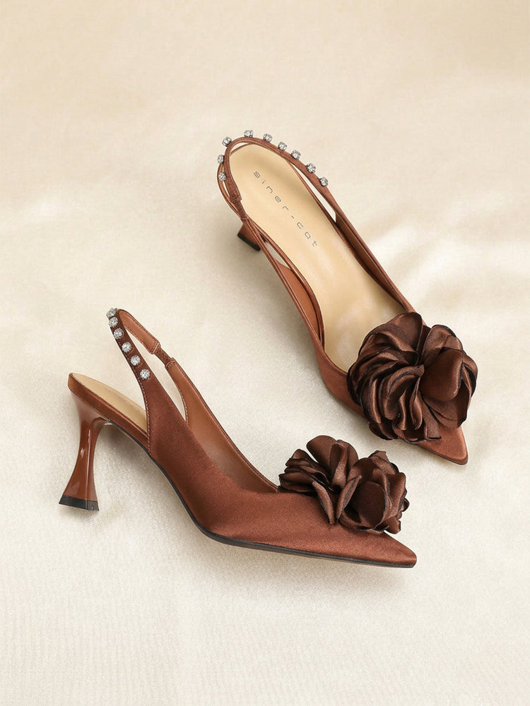 Satin 3D Flower Rhinestone Slingback Pointed Toe Flare Heels