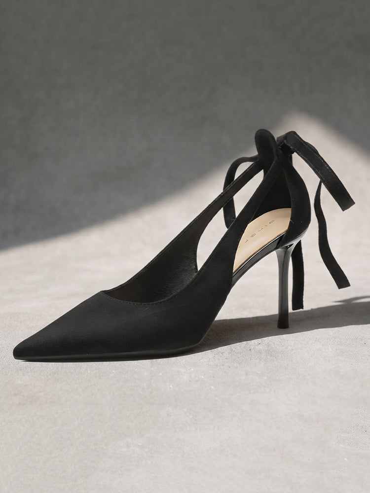 Suede Pointed Toe Slingback Stiletto Heels with Bow Tie