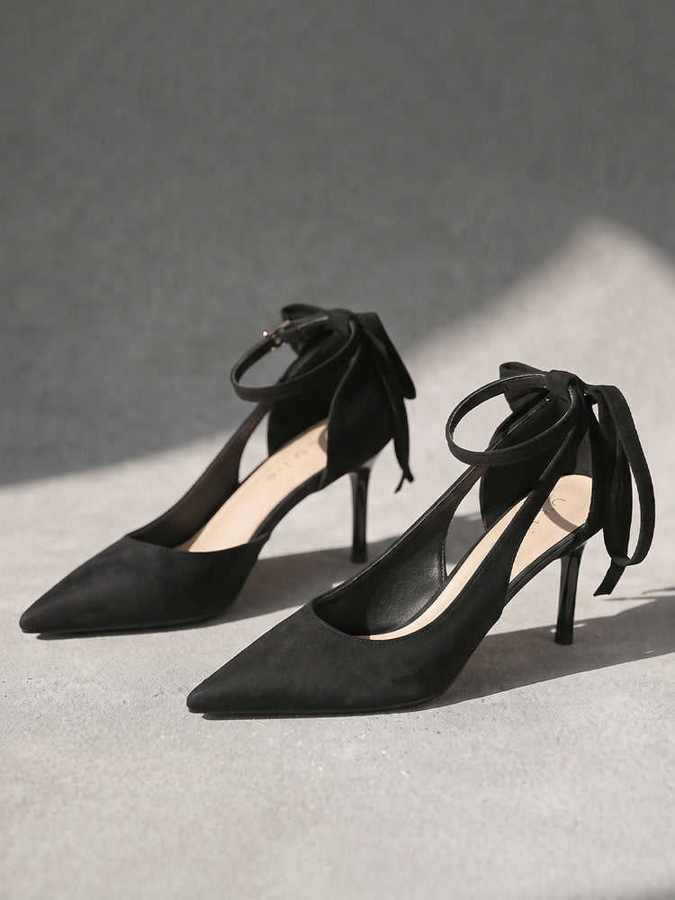 Suede Pointed Toe Slingback Stiletto Heels with Bow Tie
