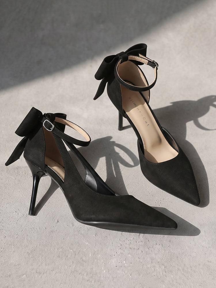 Suede Pointed Toe Slingback Stiletto Heels with Bow Tie