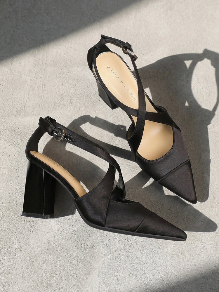 Satin Crisscross Strap Slingback Block Heels