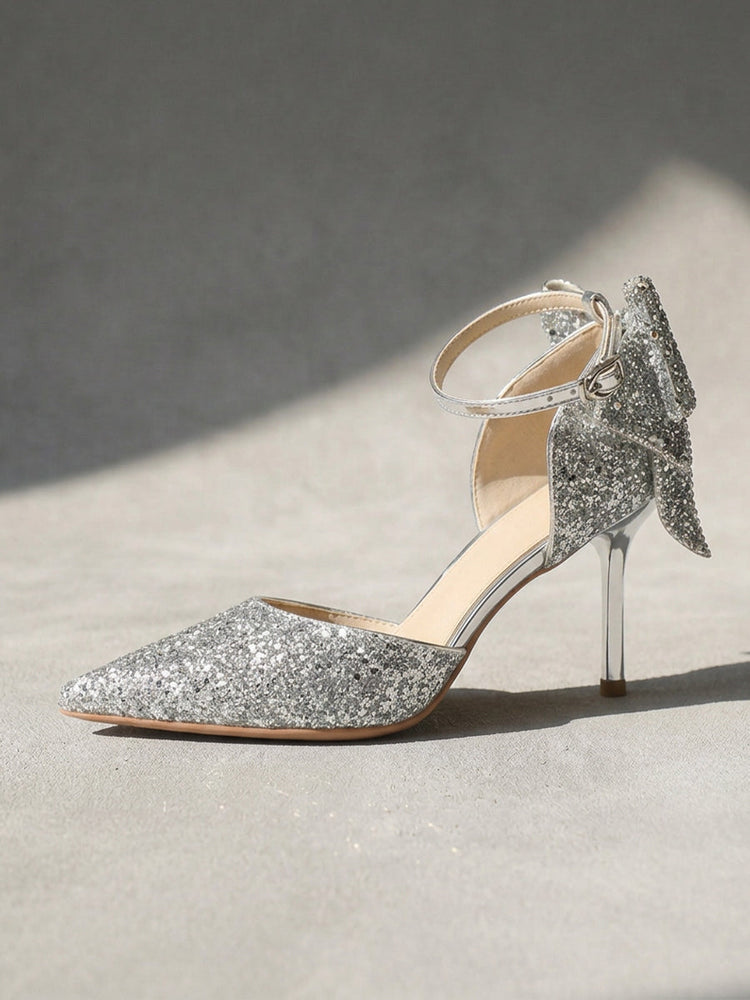 Glitter Pointed Toe Ankle Strap Stiletto Heels with Bow