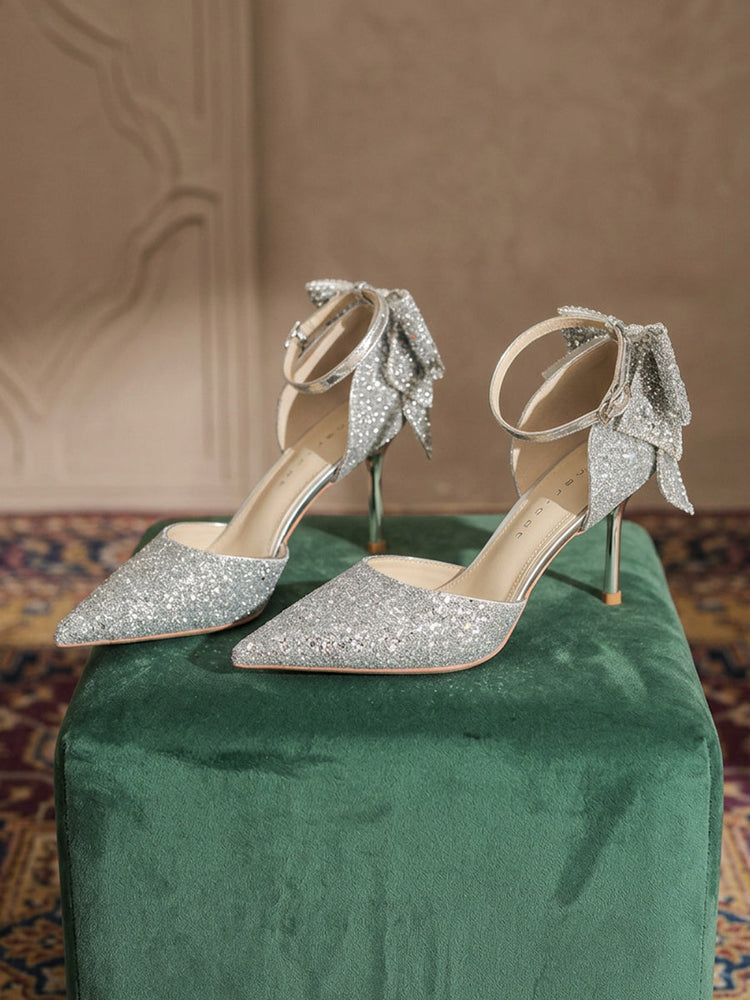Glitter Pointed Toe Ankle Strap Stiletto Heels with Bow