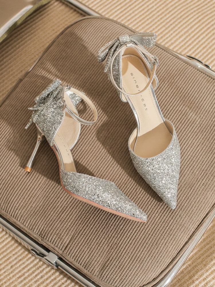 Glitter Pointed Toe Ankle Strap Stiletto Heels with Bow