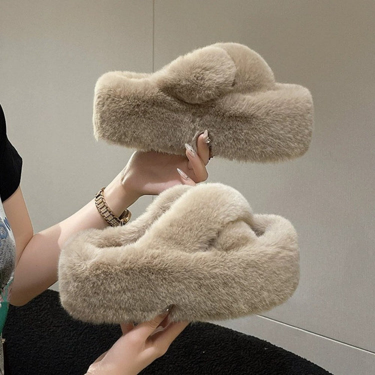 Fuzzy Slippers Cross Strap Platform Thick Sole For Women