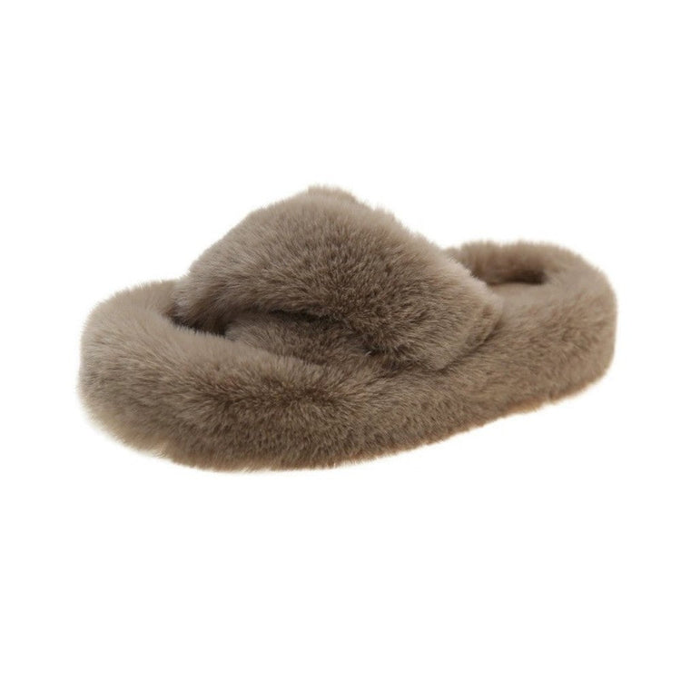 Fuzzy Slippers Women Cross Strap Low Thick Sole Outdoor Indoor