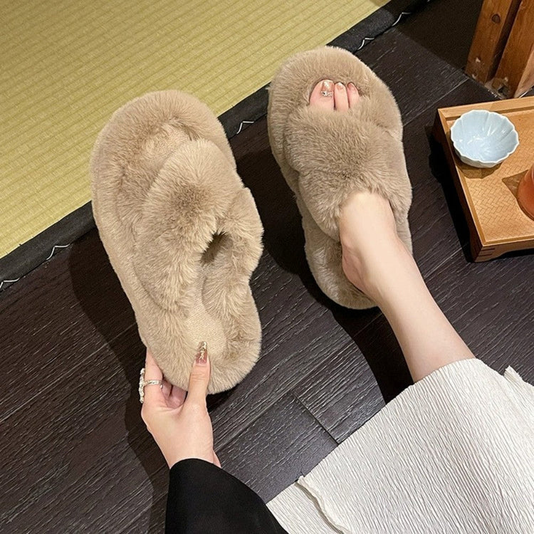 Fuzzy Slippers Women Cross Strap Low Thick Sole Outdoor Indoor