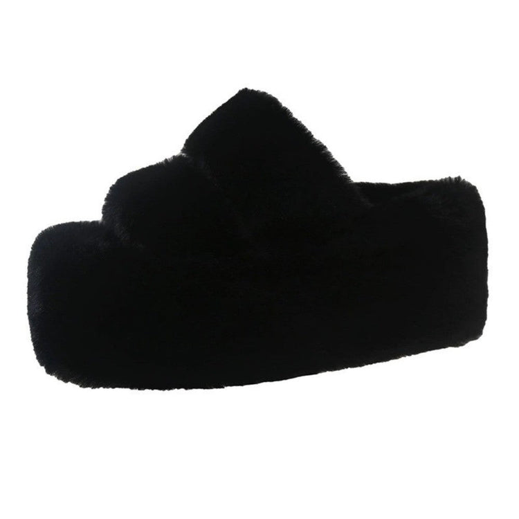 Fuzzy Slippers Women Double Band High Platform Sole