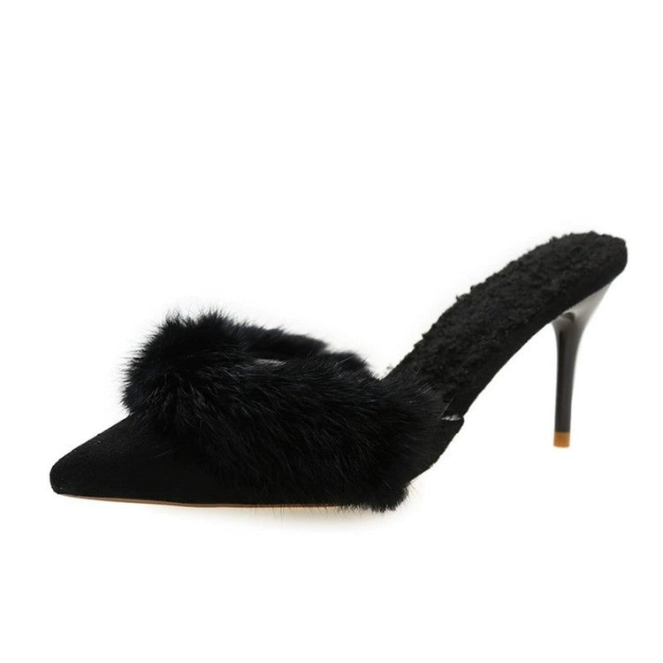 Fuzzy Slippers Women Pointed Toe Stiletto Heel Mules