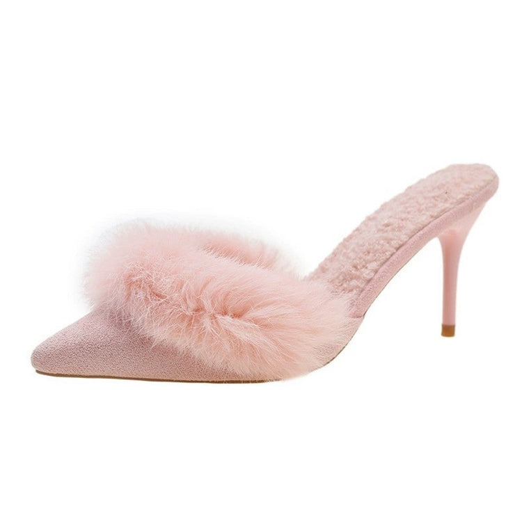 Fuzzy Slippers Women Pointed Toe Stiletto Heel Mules