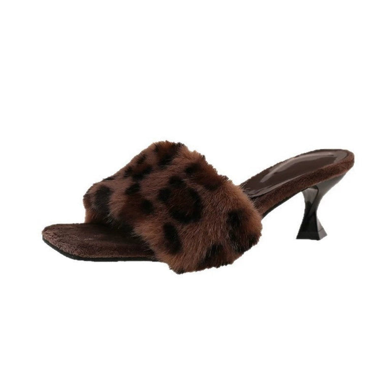 Fuzzy Slippers Women Leopard Square Toe Kitten Heel