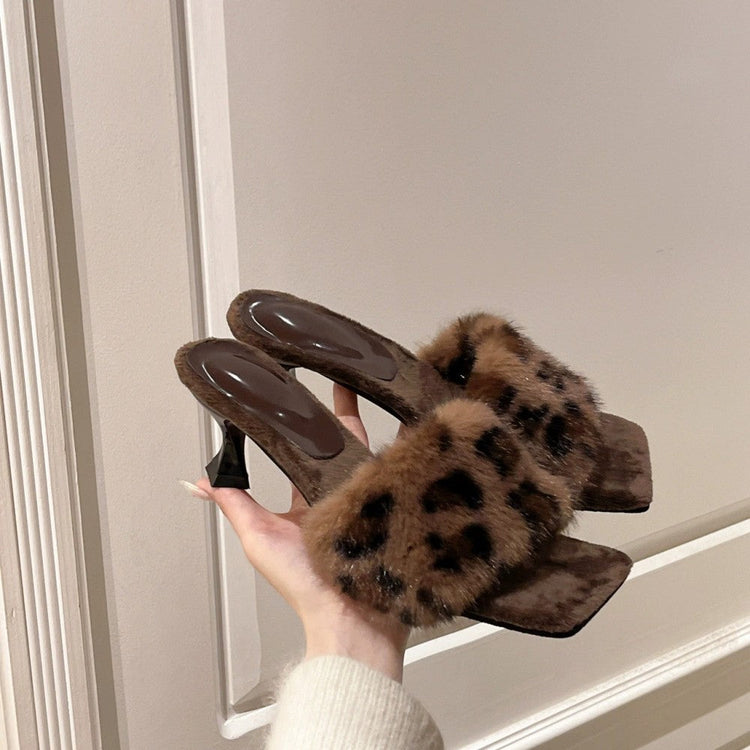 Fuzzy Slippers Women Leopard Square Toe Kitten Heel