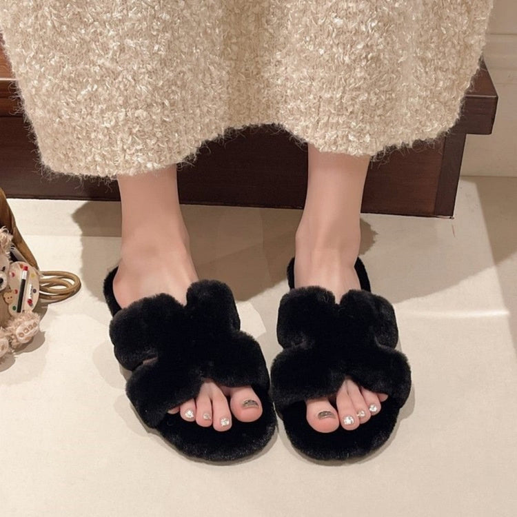 Fuzzy Slippers Women Double Strap Flat Slide