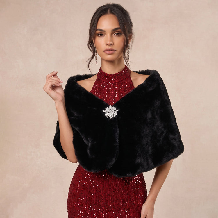 Faux Rabbit Fur Shawl with Rhinestone Brooch Bridal Wrap Stole for Formal Dresses