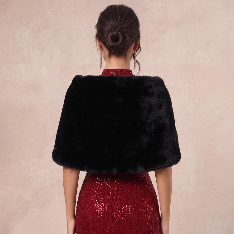 Faux Rabbit Fur Shawl with Rhinestone Brooch Bridal Wrap Stole for Formal Dresses