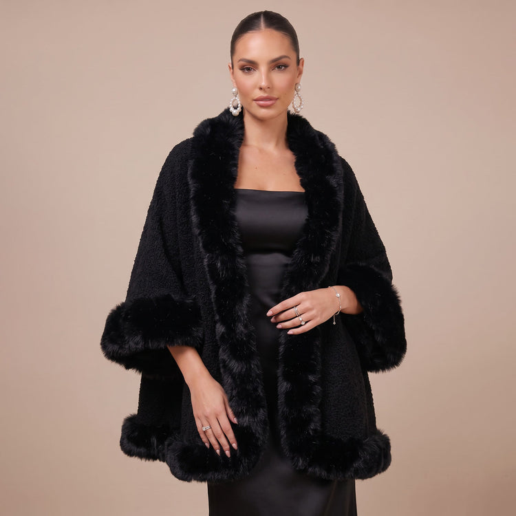 Teddy Fleece Shawl With Faux Fur Trim Bridal Wrap for Formal Party