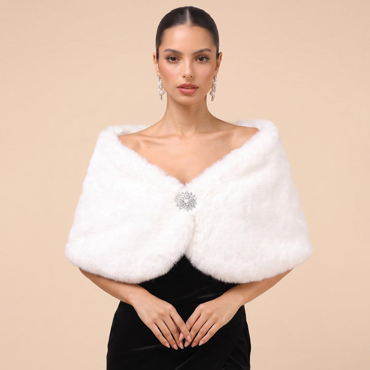 Faux Rabbit Fur Shawl With Rhinestone Brooch Bridal Wrap Stole