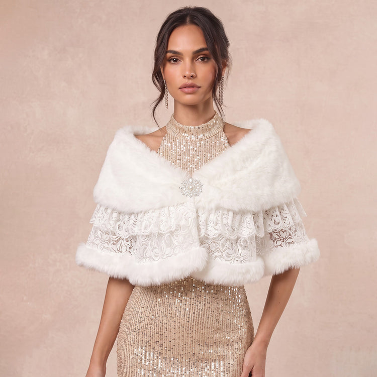 Faux Fur Bridal Shawl Tiered Lace Shoulder Wrap For Wedding Outfits