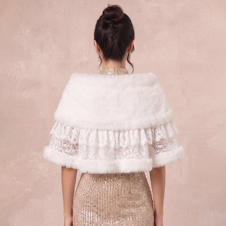 Faux Fur Bridal Shawl Tiered Lace Shoulder Wrap For Wedding Outfits
