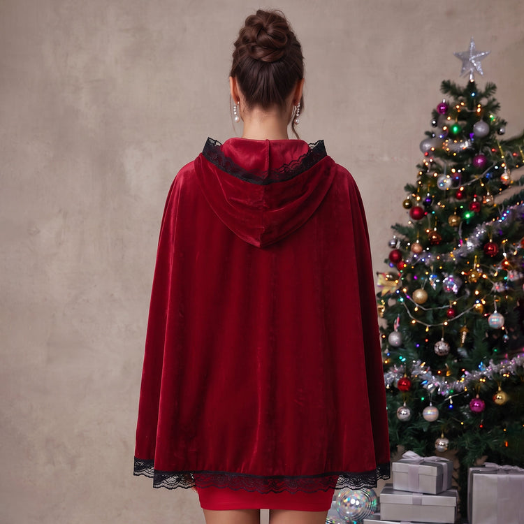 Velvet Hooded Cape with Lace Trim Ribbon Tie Wrap For Christmas Party Dresses
