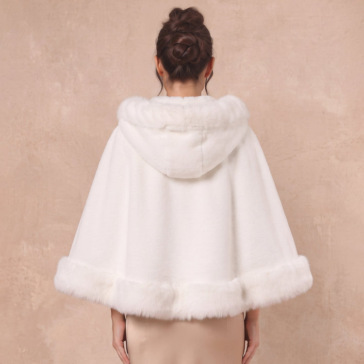 Wool Blend Hooded Cape With Faux Fur Trim Bridal Wrap Stole