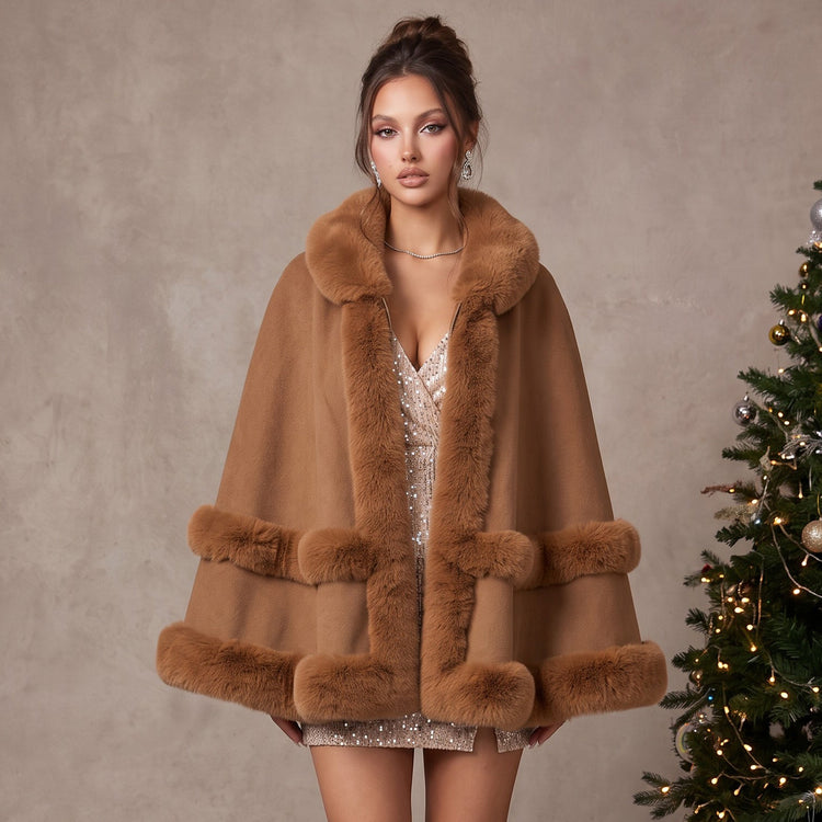 Wool Blend Cape with Faux Fur Trim Collar Bridal Wrap Stole