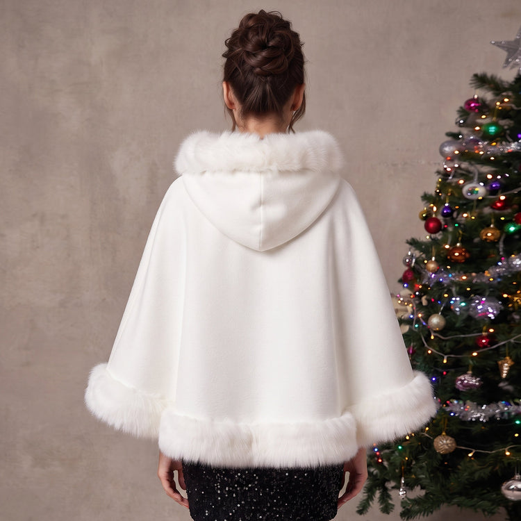 Wool Blend Hooded Cape With Faux Fur Trim Bridal Wrap