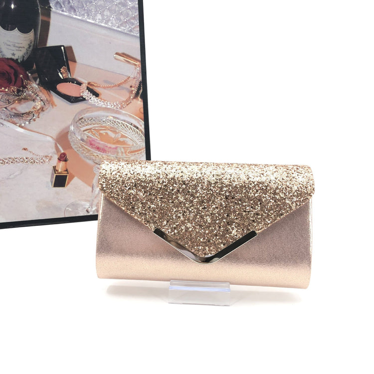 Sleek Satin Glitter Evening Clutch Bag with V-Shaped Trim