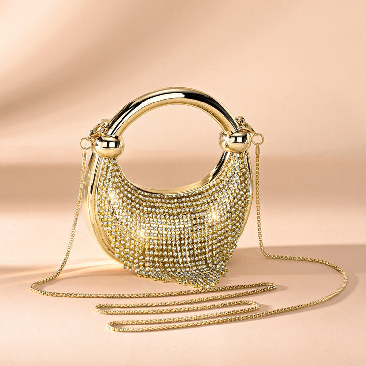 Rhinestone Fringe Evening Clutch Crystal Top Handle Handbag with Chain Strap