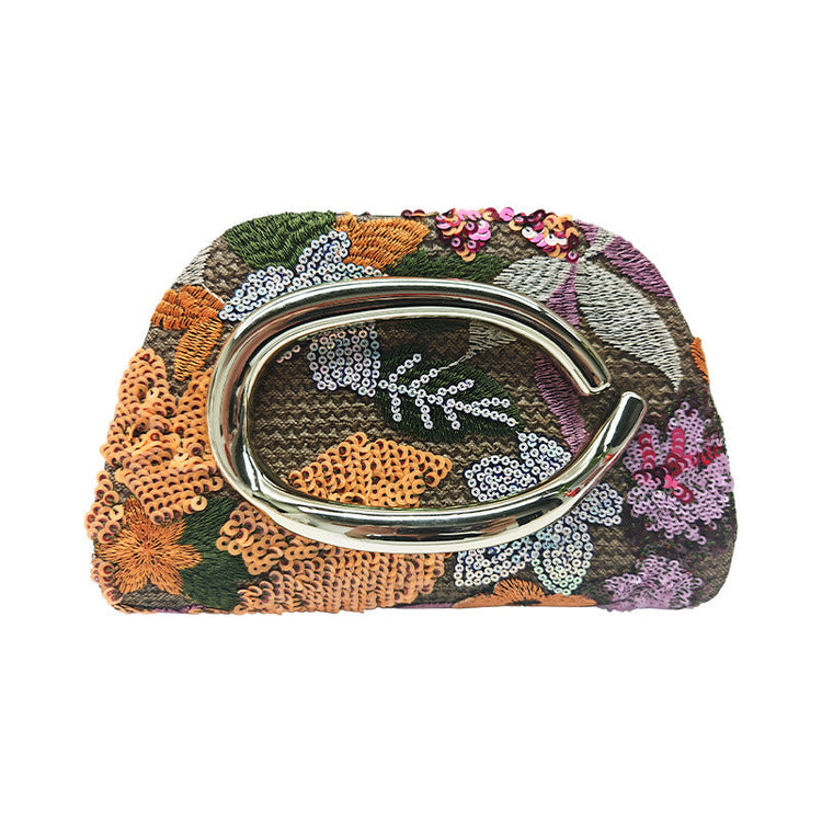 Floral Embroidered Woven Clutch with Metal Ring Handle