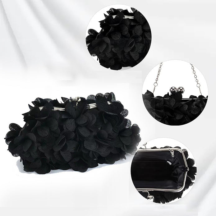Romantic Rosette Floral Clutch Purse Fabric Flower Embellished Evening Handbag