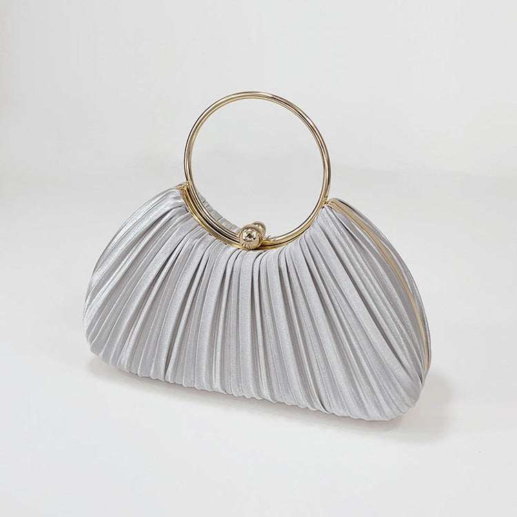 Ruched Shell Clutch Purse with Ball Clasp and Hoop Handle