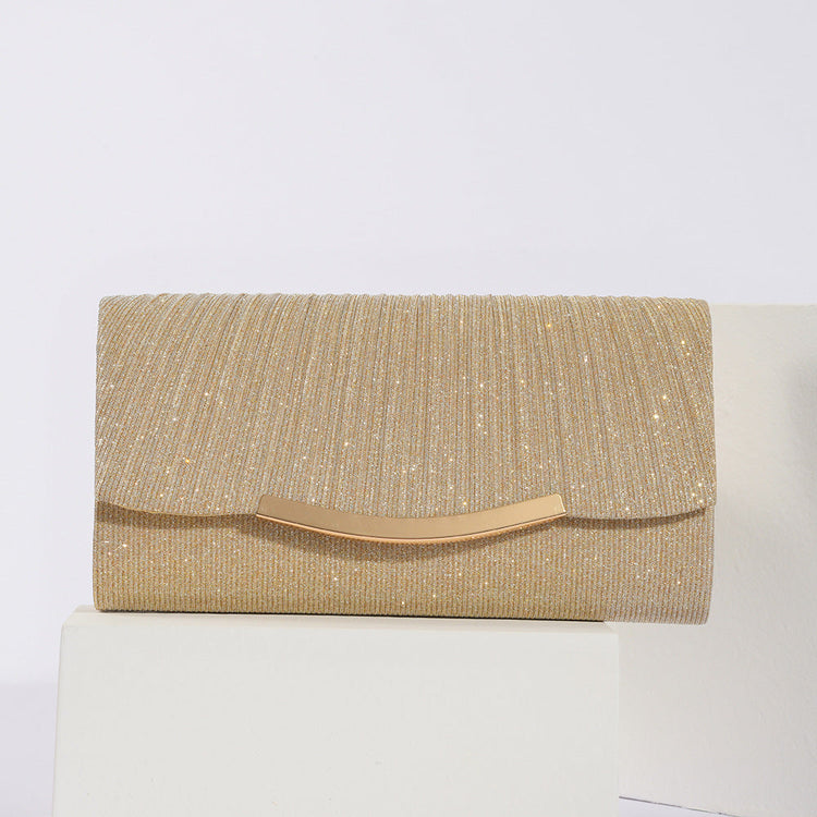 Glitter Pleated Evening Clutch Bag with Metal Trim