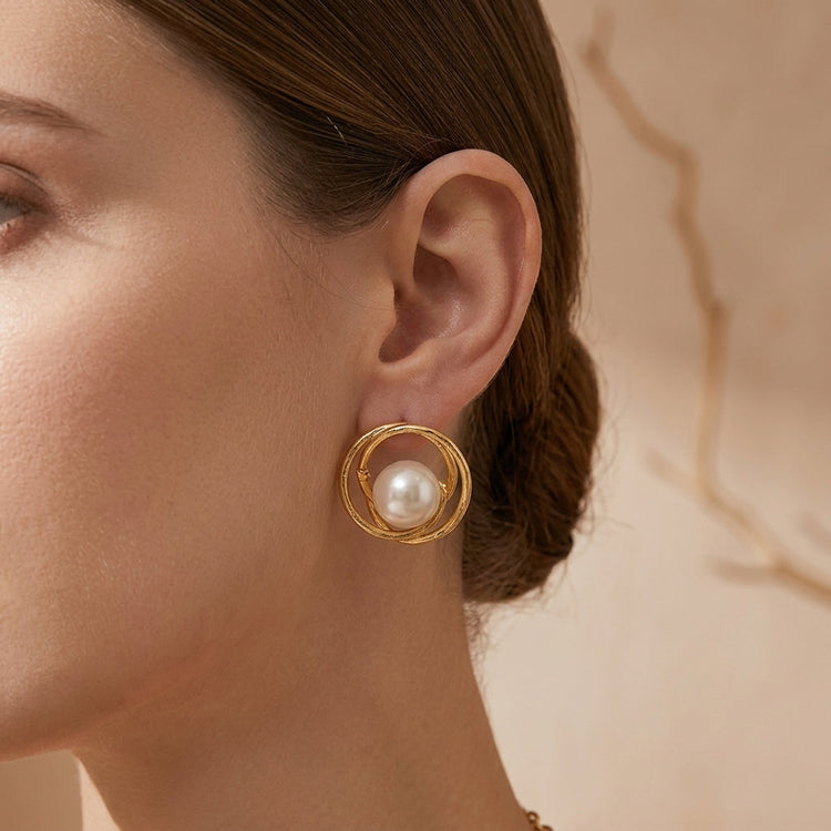 Swirl Gold Metal Ring Imitation Pearl Stud Earrings For Wedding Evening Party