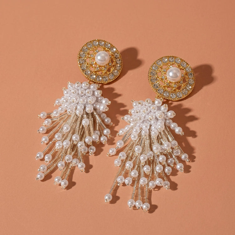 Gold Rhinestone Imitation Pearl Tassel Drop Earrings For Wedding Evening Party