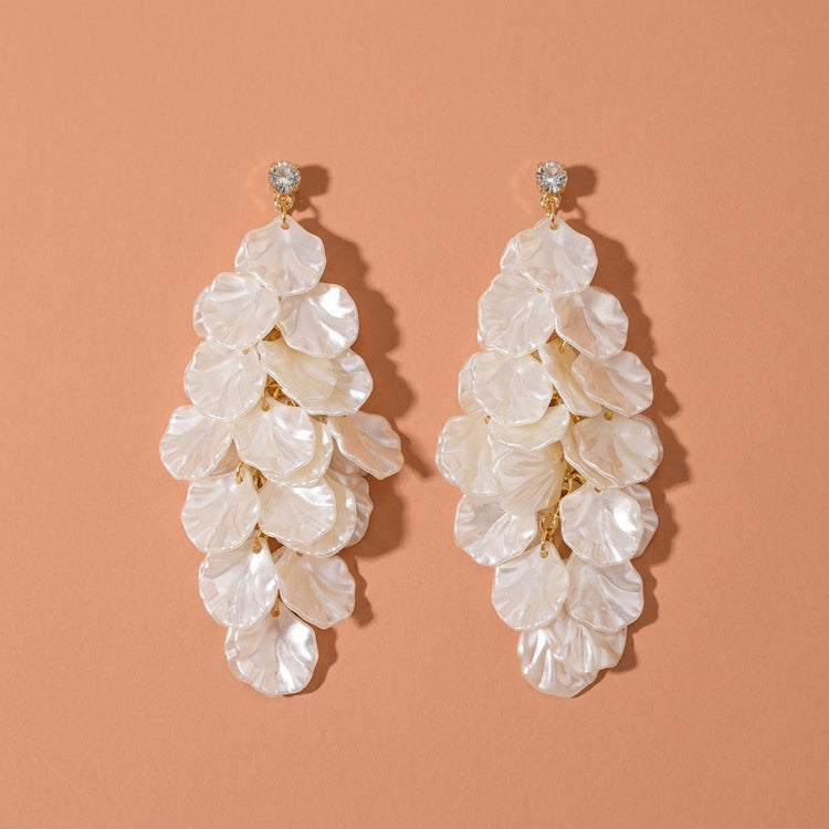 Gold Rhinestone White Petal Resin Drop Earrings For Wedding Evening Party