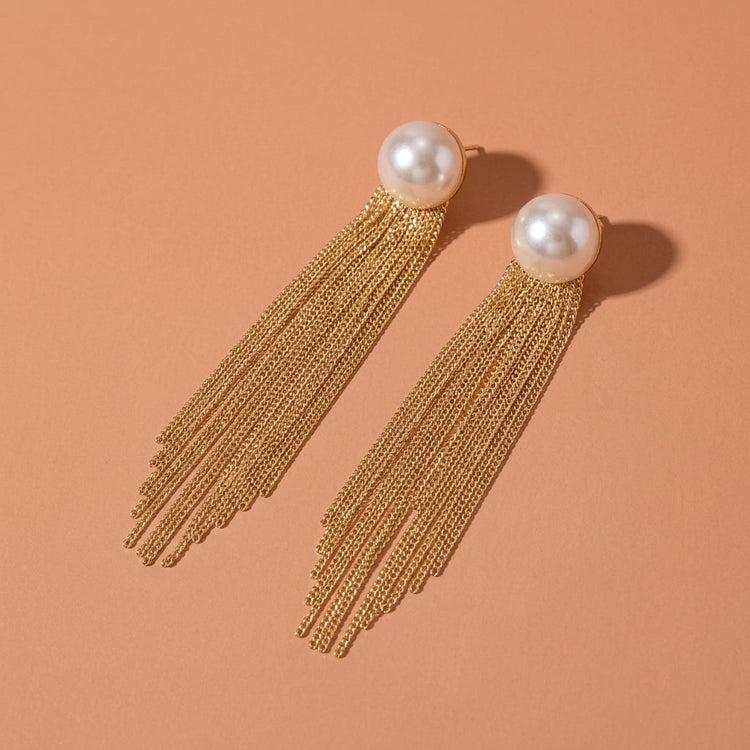Gold Imitation Pearl Metal Chain Tassel Drop Earrings For Wedding Evening Party