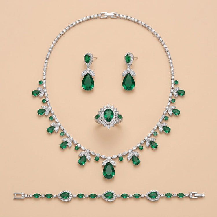 Silver Tone Teardrop Green Rhinestone Jewelry Set For Wedding Evening Party