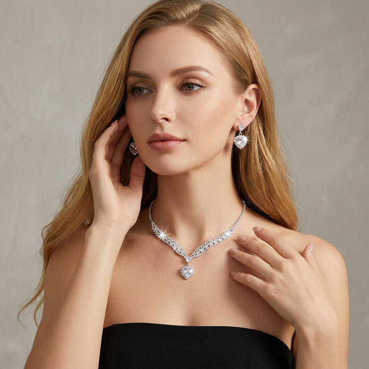 Silver Heart Clear Rhinestone Necklace Earrings Jewelry Set For Wedding/Formal/Evening Party