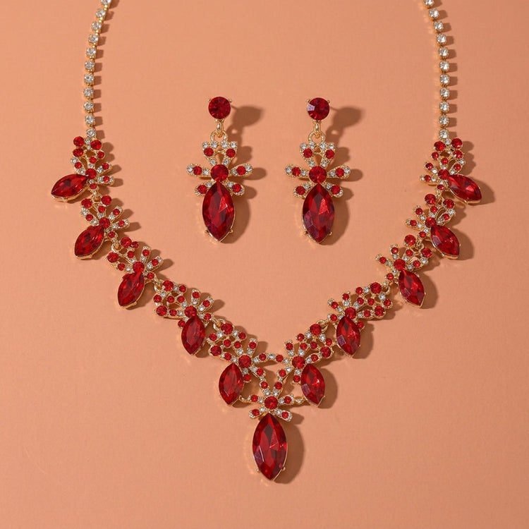 Gold Tone Marquise Red Rhinestone Floral Necklace Earrings Ring Jewelry Set For Wedding Evening Party