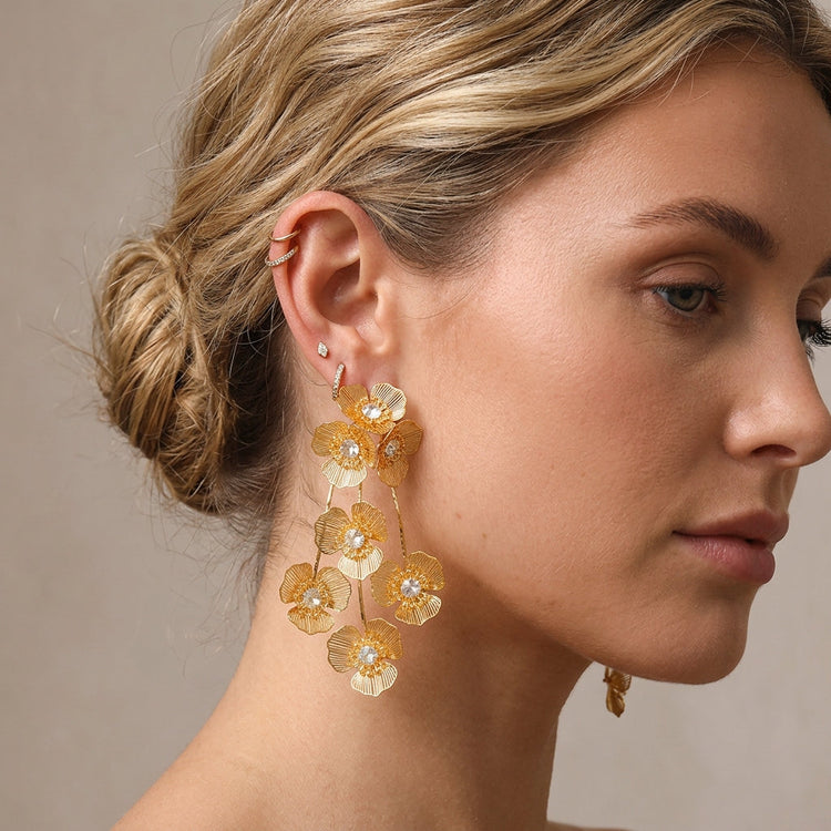 Gold Wire Metal Floral Tassel Drop Earrings With Clear Rhinestone For Wedding Evening Party