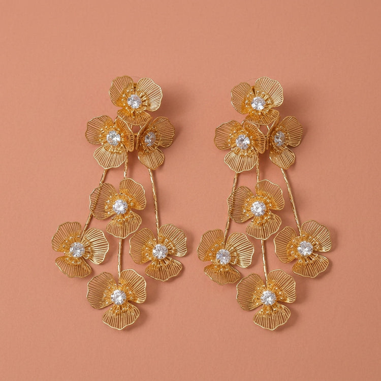 Gold Wire Metal Floral Tassel Drop Earrings With Clear Rhinestone For Wedding Evening Party