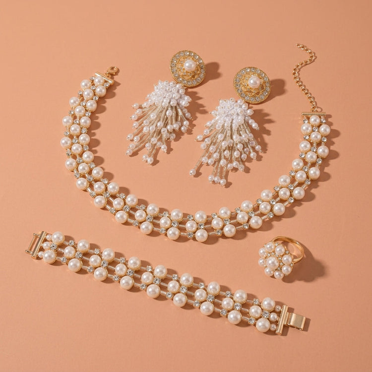 Pearl Cluster Rhinestone Jewelry Set Necklace Earrings Bracelet Ring For Wedding Evening Party