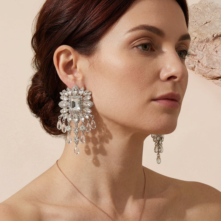 Silver Tone Rectangle Rhinestone Floral Tassel Drop Earrings For Wedding Evening Party