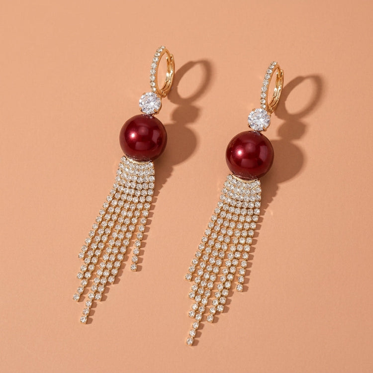 Gold Tone Burgundy Round Bead Rhinestone Tassel Hoop Drop Earrings For Wedding Evening Party