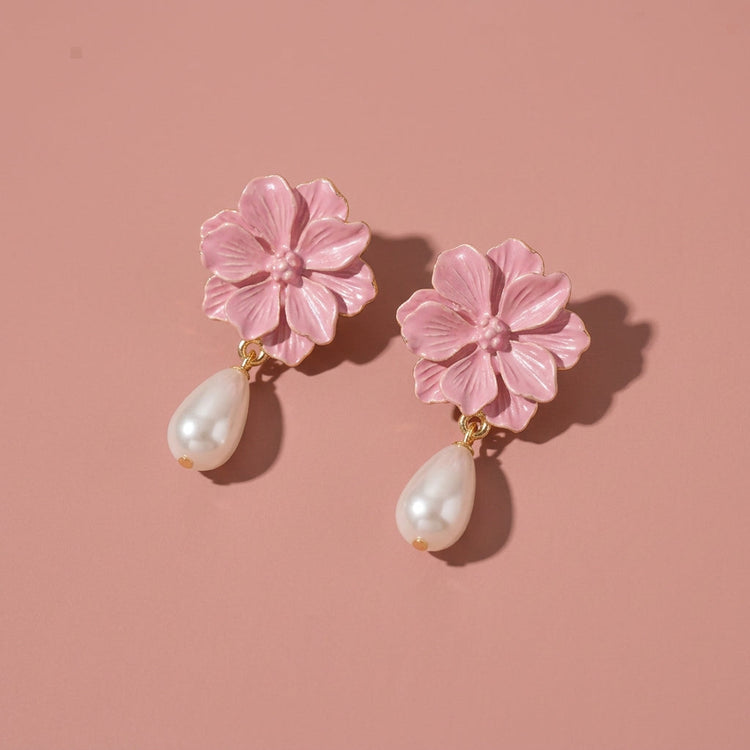 Pink Enamel Flower Teardrop Pearl Drop Earrings For Wedding Evening Party